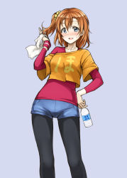 Rule 34 | 10s, 1girl, casual, clothes writing, kosaka honoka, long sleeves, love live!, love live! school idol festival, love live! school idol project, off shoulder, pantyhose, pantyhose under shorts, pas (paxiti), shorts, side ponytail, simple background, solo, sweat, towel