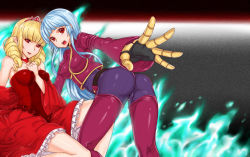 Rule 34 | 2girls, ass, bad id, bad pixiv id, bare shoulders, belt, blonde hair, blue hair, chaps, choker, cropped jacket, crown, dress, drill hair, gloves, highres, kula diamond, long hair, multiple girls, red eyes, rose bernstein, shennai misha, snk, the king of fighters, twin drills, twintails