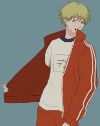 Rule 34 | 1boy, blonde eyebrows, blonde hair, blue background, chainsaw man, character name, denji (chainsaw man), eyebrows, fang, fangs, hair between eyes, highres, jacket, japanese text, jeoth03k, long sleeves, looking at viewer, male focus, pale skin, pants, popped collar, red jacket, red legwear, red pants, sharp teeth, shirt, short hair, sleeves past elbows, smile, solo, solo focus, t-shirt, teeth, track jacket, track pants, track suit, white shirt, yellow eyes