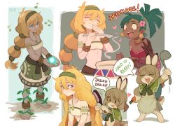 Rule 34 | 2girls, :d, absurdres, aloe (sui (suizilla)), bandeau, barefoot, blonde hair, bowl, braid, brushing another&#039;s hair, brushing hair, closed mouth, dark-skinned female, dark skin, closed eyes, green hair, green skirt, highres, holding, jewelry, ladle, multiple girls, nana (sui (suizilla)), necklace, open mouth, original, ponytail, rabbit, red eyes, skirt, smile, strapless, sui (suizilla), tube top, wide sleeves
