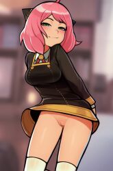 Rule 34 | 1girl, aged up, ahoge, anya (spy x family), black dress, blurry, blurry background, blush, censored, closed mouth, collared shirt, commentary, cone hair bun, dress, eden academy school uniform, english commentary, female focus, gold trim, green eyes, hair bun, hairpods, half-closed eyes, highres, leaning forward, long sleeves, loodncrood, looking at viewer, medium dress, mosaic censoring, neck ribbon, no panties, pink hair, pussy, red ribbon, ribbon, school uniform, shirt, short hair, smile, socks, solo, spy x family, standing, white shirt, white socks