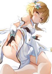 Rule 34 | 1girl, bare legs, black gloves, blonde hair, breasts, covering privates, covering crotch, detached collar, detached sleeves, dress, feet out of frame, flower, genshin impact, gloves, hair flower, hair ornament, highres, lemonna, long hair, long sleeves, looking at viewer, looking back, lumine (genshin impact), no panties, partially fingerless gloves, pussy, sideboob, simple background, small breasts, solo, upskirt, v-shaped eyebrows, white background, white dress, white flower, yellow eyes