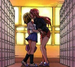 Rule 34 | 2girls, black socks, blonde hair, blush, breasts, chuuzenji ayano, from side, hair ornament, holding another&#039;s wrist, indoors, kiss, kneehighs, legs together, long hair, long sleeves, multiple girls, nosewasure, pencil skirt, pleated skirt, red hair, school uniform, shoes, short hair, short sleeves, skirt, socks, source request, standing, teacher, wada yui, yuri