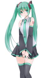 Rule 34 | 1girl, absurdres, blush, detached sleeves, green eyes, green hair, hatsune miku, highres, long hair, matching hair/eyes, necktie, simple background, skirt, smile, solo, thighhighs, twintails, very long hair, vocaloid, white background, yukina (masyumaro610)