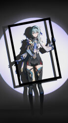 Rule 34 | 1girl, absurdres, black hairband, black thighhighs, blue cape, blue gloves, blue hair, blue necktie, boots, breasts, cape, clothing cutout, dark background, eula (genshin impact), full body, genshin impact, gloves, hair between eyes, hairband, high-waist shorts, highres, holding frame, long sleeves, looking at viewer, medium breasts, medium hair, necktie, qixia, shadow, shorts, shoulder cutout, sidelocks, solo, spotlight, standing, thigh boots, thighhighs, vision (genshin impact), white sleeves, wide sleeves, yellow eyes