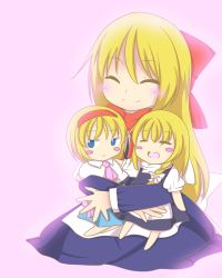 Rule 34 | 2girls, = =, alice margatroid, apron, ascot, blonde hair, blue eyes, blush stickers, bow, braid, capelet, chibi, closed eyes, dress, frown, goliath doll, hair bow, hand on another&#039;s shoulder, headband, high collar, hug, kirisame marisa, long hair, long sleeves, looking away, multiple girls, no headwear, open mouth, pink background, puffy short sleeves, puffy sleeves, short hair, short sleeves, simple background, single braid, sitting, sitting on lap, sitting on person, size difference, skirt, skirt set, smile, touhou, waist apron, zizz (egoisto)