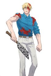 Rule 34 | 1boy, belt, blonde hair, blood, blood in hair, blood on clothes, blood on face, brown belt, collared shirt, feet out of frame, grey pants, holding, holding knife, holding weapon, jujutsu kaisen, knife, looking at viewer, male focus, nanami kento, pants, satou (loxo666), shirt, short hair, solo, standing, torn clothes, torn shirt, torn sleeve, weapon