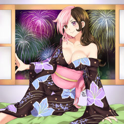 Rule 34 | 1girl, 2018, absurdres, arm support, artist name, blush, breasts, brown eyes, brown hair, cleavage, dated, eyes visible through hair, fireworks, floral print, heterochromia, highres, indoors, japanese clothes, kimono, large breasts, long hair, looking at viewer, maroonabyss, multicolored hair, neo politan, new year, night, no bra, off shoulder, pink hair, purple eyes, rwby, single bare shoulder, smile, solo