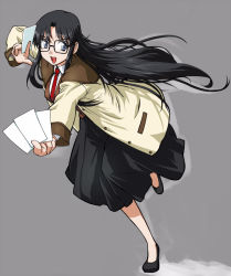 Rule 34 | 00s, 1girl, bad id, bad pixiv id, black hair, blue eyes, coat, glasses, necktie, open mouth, paper, pirano, read or die, red necktie, skirt, solo, yomiko readman