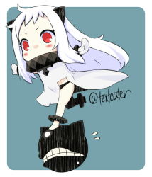 Rule 34 | 10s, 1girl, abyssal ship, ahoge, blush stickers, colored skin, covered mouth, horns, ishimari, kantai collection, long hair, looking at viewer, mittens, northern ocean princess, outstretched arms, red eyes, spread arms, twitter username, white hair, white skin