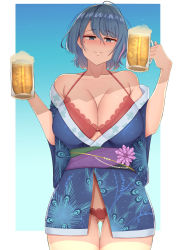 Rule 34 | 1girl, ahoge, alcohol, alternate breast size, bare shoulders, blue background, blue eyes, blue hair, blue kimono, blush, bow, bra, breasts, cleavage, closed mouth, commission, cowboy shot, cup, dead or alive, dead or alive 6, dead or alive xtreme, gradient background, hair between eyes, hair bow, holding, holding cup, japanese clothes, kimono, large breasts, mole, mole under eye, multicolored hair, obi, off shoulder, panties, red bra, red panties, sash, short hair, short kimono, smile, solo, streaked hair, taiko3000cc, tamaki (doa), thigh gap, thighs, underwear