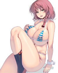 Rule 34 | 1girl, bare shoulders, bikini, braid, breasts, breasts on lap, cleavage, collarbone, commentary, green eyes, highres, huge breasts, kouno (masao), leg up, long hair, looking at viewer, mole, mole on breast, nipples, open mouth, original, photoshop (medium), pink hair, red socks, revision, round teeth, see-through, single braid, sitting, skindentation, smile, socks, solo, striped bikini, striped clothes, swimsuit, teeth, thick thighs, thighs