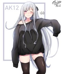 Rule 34 | 1girl, absurdres, ak-12 (girls&#039; frontline), artist name, black thighhighs, blush, braid, closed mouth, collarbone, commentary request, cowboy shot, french braid, girls&#039; frontline, hand up, highres, leg up, long hair, long sleeves, looking at viewer, off shoulder, one eye closed, purple eyes, qualthis, ribbon, sidelocks, simple background, sleeves past wrists, smile, solo, standing, sweater, thighhighs, very long hair, white background, white hair, zettai ryouiki