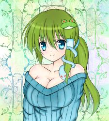 Rule 34 | 1girl, alternate hairstyle, azusanae, bare shoulders, blue eyes, breasts, cleavage, colorized, frog hair ornament, green hair, hair ornament, highres, kochiya sanae, large breasts, long hair, off-shoulder, off-shoulder sweater, ponytail, ribbed sweater, smile, snake, solo, sweater, touhou