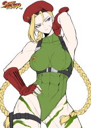 Rule 34 | 1girl, abs, ahoge, armpits, arms up, bare shoulders, beret, braid, breasts, cammy white, camouflage, covered erect nipples, fingerless gloves, gloves, green leotard, hand on own hip, hat, highleg, highleg leotard, highres, impossible clothes, large breasts, leotard, long hair, muscular, muscular female, narrowed eyes, scar, scar on face, simple background, solo, street fighter, street fighter 6, twin braids, very long hair, white background, yones81239278