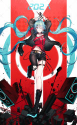 Rule 34 | 1girl, 2021, absurdres, ahoge, alternate costume, aqua eyes, aqua hair, arm tattoo, arms up, asymmetrical footwear, barcode, barcode tattoo, belt, boots, choker, collarbone, debris, full body, hair ornament, hair over one eye, hatsune miku, highres, holding own arm, index finger raised, jacket, long hair, long sleeves, microphone, mismatched footwear, nail polish, navel, open clothes, open jacket, qys3, red shirt, revision, shirt, shoes, short shorts, shorts, single leg pantyhose, smile, smirk, solo, speaker, star tattoo, tattoo, torn clothes, torn legwear, twintails, very long hair, vocaloid