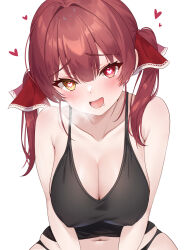 Rule 34 | 1girl, bare shoulders, black panties, blush, breasts, cleavage, collarbone, covered erect nipples, hair ribbon, heart, heart-shaped pupils, heterochromia, highres, holika baby, hololive, houshou marine, large breasts, long hair, looking at viewer, navel, open mouth, panties, red eyes, red hair, ribbon, shirt, sleeveless, sleeveless shirt, solo, spaghetti strap, steam, symbol-shaped pupils, twintails, underwear, virtual youtuber, white background, yellow eyes