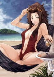 Rule 34 | 1girl, alcohol, armpits, beach, bracelet, breasts, brown hair, center opening, cigarette, cleavage, cloud, cup, day, dr. naomi, drink, drinking glass, eyewear on head, face, female focus, forehead, glass, glasses, grasshopper manufacture, hammock, high ponytail, highres, jewelry, large breasts, lips, looking at viewer, navel, no more heroes, ocean, one-piece swimsuit, outdoors, sand, sky, smoking, solo, sunglasses, swimsuit, tomozo kaoru, water, wavy hair, wet, yellow eyes