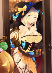 Rule 34 | 1girl, :o, against glass, bare shoulders, basket, belt, black gloves, black hat, blonde hair, blue eyes, boku wa tomodachi ga sukunai, breast press, breasts, breasts on glass, butterfly hair ornament, cait aron, candy, candy cane, cape, cleavage, corset, door, food, gloves, hair ornament, halloween, hat, highres, holding, jack-o&#039;-lantern, kashiwazaki sena, lantern, large breasts, lollipop, long hair, looking at viewer, no panties, orange skirt, skirt, solo, standing, vial, witch hat