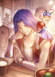 Rule 34 | 1girl, 3boys, anklet, apple, barefoot, bishounen, blonde hair, blouse, blue dress, blue flower, blurry, blurry background, bowl, brown eyes, chair, clenched hand, collarbone, cup, dress, duran (seiken densetsu 3), eating, elbow rest, faerie (seiken densetsu 3), fairy wings, flower, food, fruit, fruit bowl, glint, hair flower, hair ornament, hand on own arm, hand on own cheek, hand on own face, hawkeye (seiken densetsu 3), holding, holding food, indoors, jewelry, kevin (seiken densetsu 3), lamp, long hair, looking at viewer, looking down, mini person, minigirl, multiple boys, on chair, on shoulder, open mouth, plate, plate stack, pointy ears, purple hair, red vest, ring, see-through, see-through dress, seiken densetsu, seiken densetsu 3, shirt, sitting, sitting on person, sitting on shoulder, sleeping, sleeveless, sleeveless shirt, sparkle, table, teeth, tenyo0819, upper teeth only, vambraces, very long hair, vest, white shirt, wings, wooden chair, wooden table, zzz