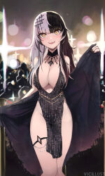 Rule 34 | 1girl, :d, absurdres, alternate costume, artist name, black choker, black dress, black hair, black nails, black shawl, breasts, choker, dress, fingernails, grey hair, hair ornament, heart, heart-shaped pupils, highres, hololive, hololive english, lace, lace choker, large breasts, light blush, long fingernails, long hair, looking at viewer, multicolored hair, nail polish, open mouth, pelvic curtain, pendant choker, plunging neckline, shawl, shiori novella, smile, split-color hair, symbol-shaped pupils, teeth, thigh strap, two-tone hair, upper teeth only, vicarious, virtual youtuber, yellow eyes
