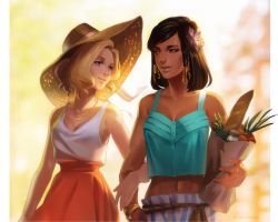 Rule 34 | 2girls, bag, black hair, blonde hair, bread, breasts, casual, cleavage, eye contact, facial tattoo, food, hat, jewelry, locked arms, looking at another, mercy (overwatch), midriff, multiple girls, navel, necklace, overwatch, overwatch 1, pharah (overwatch), rokiwitch, shopping bag, smile, sun hat, tattoo, yuri
