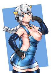 Rule 34 | 1girl, animal ears, bell, black thighhighs, blue background, blue eyes, blue overalls, blush, braid, braided ponytail, breasts, cleavage, closed mouth, commentary request, cow ears, cow girl, cow horns, cow tail, cowboy shot, highres, horns, jingle bell, large breasts, long hair, looking at viewer, medium bangs, nandi (puchirisu), nearly naked overalls, neck bell, nipples, original, overalls, puchirisu, skindentation, smile, solo, tail, thighhighs, two-tone background, white background, white hair, yellow horns