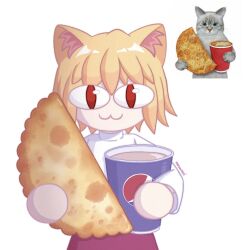 Rule 34 | &lt;|&gt; &lt;|&gt;, 1girl, :3, animal ear fluff, animal ears, blonde hair, cat ears, cat girl, closed mouth, cowboy shot, cup, disposable cup, food, food request, hashtag only commentary, highres, holding, holding cup, holding food, looking at viewer, meowmei, neco-arc, pepsi, pilk, purple skirt, red eyes, reference inset, shirt, simple background, skirt, smile, solo, straight-on, tsukihime, white background, white shirt