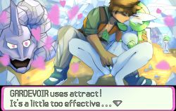 Rule 34 | 1girl, 2boys, ?, absurdres, anus, arm around shoulder, ashraely, black footwear, blush, breasts, brock (pokemon), brown hair, brown pants, character name, closed eyes, collarbone, colored skin, creatures (company), crystal, dark-skinned male, dark skin, english text, fingering, full body, game freak, gardevoir, gen 1 pokemon, gen 3 pokemon, green hair, green shirt, green skin, hands up, heart, heart-shaped pupils, hetero, highres, interspecies, kiss, kneeling, large areolae, large breasts, multicolored skin, multiple boys, navel, nintendo, nipples, onix, open clothes, open mouth, open shirt, open vest, orange vest, pants, pokemon, pokemon (anime), pokemon (creature), pokemon dppt (anime), pokemon rse, pokephilia, pussy, rhydon, shirt, shoes, short hair, short sleeves, spread legs, squatting, statue, stomach, symbol-shaped pupils, text focus, two-tone skin, vaginal, vest, wally (pokemon), white skin