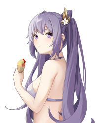 Rule 34 | 1girl, bare arms, bare shoulders, bikini, braid, breasts, cleavage, cresmsilet, double bun, food, from side, genshin impact, hair bun, hair ornament, hairclip, highres, ice cream, keqing (genshin impact), long hair, looking at viewer, medium breasts, purple eyes, purple hair, simple background, solo, swimsuit, twintails, upper body, white background, white bikini