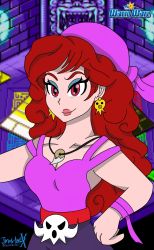 Rule 34 | 1girl, absurdres, artist name, bandana, breasts, captain syrup, cleavage, closed mouth, collarbone, commentary request, copyright name, earrings, eyeshadow, hand on own hip, highres, jewelry, jmaster1114, korean commentary, lipstick, logo, long hair, looking at viewer, makeup, mario (series), nintendo, pink lips, purple bandana, purple tank top, red eyes, red hair, smile, solo, tank top, wario land, wario land 4, wario land: shake it!, warioware