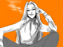 Rule 34 | androgynous, cigarette, gender request, glasses, gloves, hellsing, integra hellsing, long hair, monochrome, open clothes, open shirt, reverse trap, shirt, smile, smoking, solid&amp;etc, solo, spread legs, squatting, unbuttoned