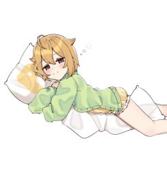 Rule 34 | 1girl, aa211108, ahoge, blonde hair, blush, cardigan, dakimakura (object), feet out of frame, green cardigan, hugging object, ibuki tsubasa, idolmaster, idolmaster million live!, light smile, long sleeves, looking at viewer, looking to the side, p-head producer, pillow, pillow hug, producer (idolmaster), red eyes, simple background, squeans, solo, white background