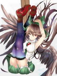 Rule 34 | 1girl, adapted costume, alternate legwear, armpits, arms up, bare shoulders, bird wings, black wings, bow, breasts, brown hair, closed mouth, crossed legs, feathered wings, floating hair, frilled skirt, frills, green bow, green skirt, hair bow, houdukixx, large breasts, legs up, long hair, looking at viewer, miniskirt, print thighhighs, purple thighhighs, red eyes, reiuji utsuho, shirt, skirt, sleeveless, sleeveless shirt, smile, solo, star (symbol), star print, thighhighs, third eye, touhou, white background, wings