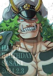 Rule 34 | 1boy, 2024, blue eyes, character name, chest tattoo, coat, coat on shoulders, dated, earrings, english text, gomamotsu, green hair, grin, happy birthday, hat, highres, hoop earrings, horns, jewelry, long hair, looking at viewer, male focus, military hat, muscular, muscular male, one piece, pectorals, portrait, sasaki (one piece), sharp teeth, signature, smile, solo, tattoo, teeth, tusks
