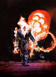 Rule 34 | 1boy, black background, black footwear, black jacket, black pants, chain, commentary, commission, english commentary, explosion, fire, ghost rider, highres, holding, holding chain, jacket, james harren, leaning forward, looking to the side, male focus, marvel, open hand, pants, second-party source, shoulder spikes, signature, skull, solo, spiked boots, spikes, walking, western comics (style)