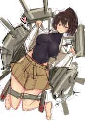 Rule 34 | 10s, 1girl, barefoot, blush, breasts, brown eyes, brown hair, full body, hair ribbon, heart, ise (kancolle), kantai collection, large breasts, legband, leotard, long hair, looking at viewer, machinery, open clothes, ponytail, red ribbon, rib:y(uhki), ribbon, simple background, skirt, smile, solo, taut clothes, turret, twitter username, white background
