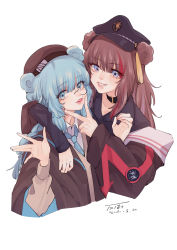 Rule 34 | 2girls, animal ears, arknights, bear ears, beret, black choker, black jacket, blue eyes, blue hair, blue neckwear, brown hair, brown headwear, chinese commentary, choker, commentary request, cropped torso, dated, grin, hand up, hat, head tilt, highres, istina (arknights), jacket, long hair, long sleeves, looking at viewer, monocle, multicolored hair, multiple girls, necktie, official alternate costume, parted lips, peaked cap, pink lips, red hair, simple background, smile, streaked hair, upper body, white background, ya kexi, zima (arknights), zima (ready to go) (arknights)