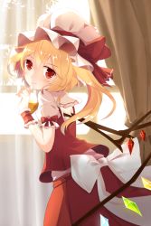 Rule 34 | 1girl, ascot, blonde hair, bow, crystal, curtains, finger to mouth, flandre scarlet, from behind, hat, hat bow, hat ribbon, highres, indoors, looking at viewer, looking back, mob cap, nahaki, puffy short sleeves, puffy sleeves, red eyes, ribbon, short sleeves, side ponytail, sin-poi, skirt, smile, solo, sunlight, touhou, window, wings