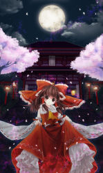 Rule 34 | 1girl, bad id, bad pixiv id, bow, brown eyes, brown hair, building, cherry blossoms, curtsey, detached sleeves, female focus, full moon, hair bow, hakurei reimu, highres, japanese clothes, keiko220, keiko (artist), lantern, long hair, miko, moon, nature, night, outdoors, petals, shrine, sky, solo, touhou