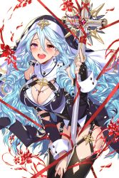 Rule 34 | 1girl, alkyde (soccer spirits), black dress, black thighhighs, blush, breasts, cleavage, cross, detached collar, detached sleeves, dress, drill hair, empew, fingerless gloves, garter straps, gloves, hair between eyes, heterochromia, highres, holding, holding staff, large breasts, leaning forward, long dress, long hair, looking at viewer, nun, official art, open mouth, purple eyes, red eyes, red ribbon, ribbon, single glove, smile, soccer spirits, solo, staff, teeth, thighhighs, transparent background, very long hair, wavy hair