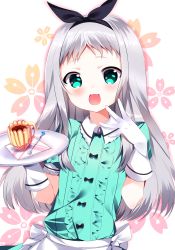 Rule 34 | 1boy, aqua eyes, blend s, blush, cup, gloves, grey hair, highres, holding, holding plate, kanzaki hideri, long hair, looking at viewer, male focus, open mouth, plate, short sleeves, shu (pjxv7485), smile, solo, spoon, tea, teacup, trap, white gloves