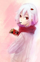 Rule 34 | 10s, 1girl, alternate costume, cookie ex, eating, female focus, food, gradient background, guilty crown, hair ornament, hairclip, long hair, pink hair, pocky, red eyes, scarf, solo, sweater, upper body, white background, yuzuriha inori
