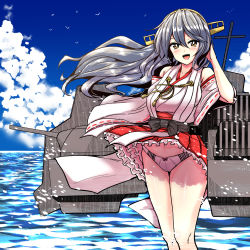 Rule 34 | 1girl, blue sky, brown eyes, cannon, clothes lift, cloud, commission, day, detached sleeves, frilled skirt, frills, grey hair, hair ornament, hairband, hairclip, haruna (kancolle), headgear, highres, japanese clothes, kantai collection, long hair, nontraditional miko, outdoors, panties, pixiv commission, red skirt, ribbon-trimmed sleeves, ribbon trim, rigging, skirt, skirt lift, sky, solo, standing, striped clothes, striped panties, toda kazuki, turret, underwear, wind, wind lift