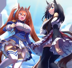 Rule 34 | 2girls, animal ears, bare shoulders, black hair, black thighhighs, blue eyes, breasts, brown hair, commission, daiwa scarlet (umamusume), eishin flash (umamusume), highres, horse ears, horse tail, large breasts, multiple girls, red eyes, same kujira (challenger 310), second-party source, tail, thighhighs, twintails, umamusume, white thighhighs