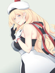 Rule 34 | 1girl, absurdres, beret, blonde hair, blue eyes, blush, breasts, dress, gradient background, hair between eyes, hat, highres, kantai collection, large breasts, long hair, looking at viewer, mole, mole under eye, mole under mouth, pom pom (clothes), richelieu (kancolle), scarf, shingyou (alexander-13), smile, solo, strapless, strapless dress, two-tone dress, two-tone gloves, two-tone legwear