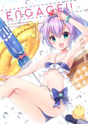 Rule 34 | 1girl, :d, animal, arm up, armpits, ass, azur lane, bare arms, bare shoulders, basket, beach umbrella, bikini, bird, blue bikini, blue bow, blush, bow, breasts, chick, cleavage, collarbone, commentary request, copyright name, cover, cover page, flower, green eyes, hair between eyes, hair flower, hair ornament, halterneck, head tilt, high ponytail, highres, innertube, javelin (azur lane), javelin (beach picnic!) (azur lane), karaage3, navel, open mouth, picnic basket, ponytail, purple hair, red flower, short hair, small breasts, smile, solo, swim ring, swimsuit, torpedo, umbrella, water drop, white background, yellow innertube
