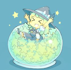 Rule 34 | &gt; &lt;, 1girl, :d, \o/, arms up, baron (x5qgeh), blonde hair, blue background, bow, bowl, braid, chibi, closed eyes, hair bow, hat, in bowl, in container, kirisame marisa, open mouth, outstretched arms, simple background, single braid, sitting, smile, solo, star (symbol), touhou, witch hat, xd