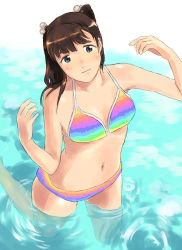 Rule 34 | 1girl, bikini, brown hair, cowboy shot, grey eyes, long hair, looking at viewer, navel, original, partially submerged, rainbow gradient, sanae (satansanae), shiny skin, smile, solo, striped bikini, striped clothes, swimsuit, two side up, wading, water
