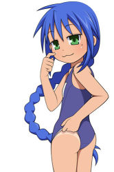 Rule 34 | 00s, 1girl, :3, adjusting clothes, adjusting swimsuit, alternate hairstyle, ass, blue hair, blue one-piece swimsuit, braid, caryo, closed mouth, clothes lift, cowboy shot, finger to cheek, flat chest, from side, green eyes, izumi konata, lifted by self, light smile, long hair, looking at viewer, looking back, lowres, lucky star, midori boushi, mole, mole under eye, name tag, one-piece swimsuit, one-piece tan, school swimsuit, sidelocks, simple background, single braid, smile, solo, swimsuit, swimsuit lift, tan, tanline, very long hair, wedgie, white background